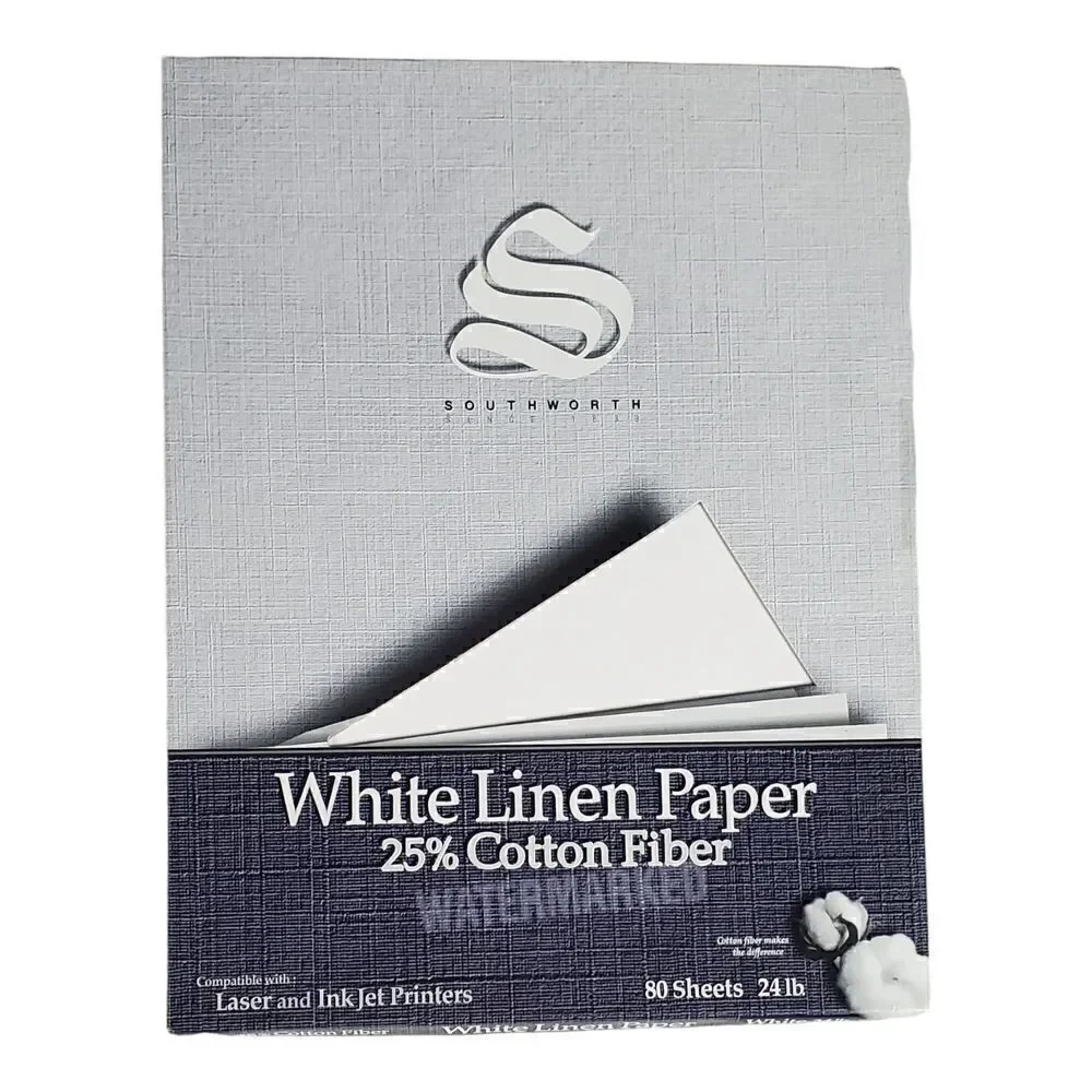 Southworth White Linen Paper 25% Cotton Fiber 55 Sheets 8.5x11 Business Office